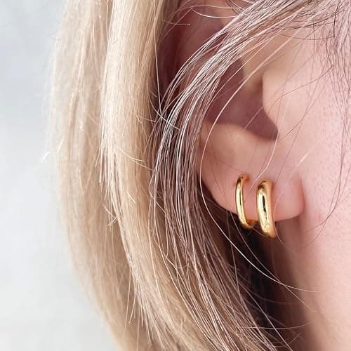 Obidos 14K Gold Plated Illusion Stud Earrings for Women | Triple Huggie Hoop Earrings for One Hole| Trendy Simple Hypoallergenic Fashion Accessories Gold Jewelry Gifts for Womens thumbnail 3
