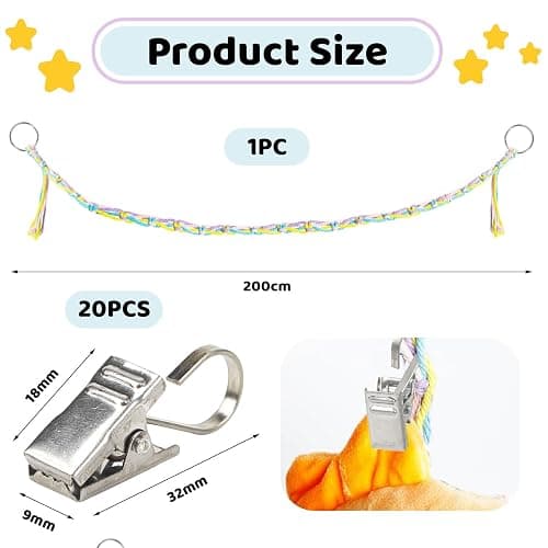 Colorful Hanging Stuffed Animal Holder with 20 Metal Clips, Boho Stuffed Animal Organizer Chain, Nursery Deco, for Hanging Hats and Socks, Festival Cards thumbnail 3