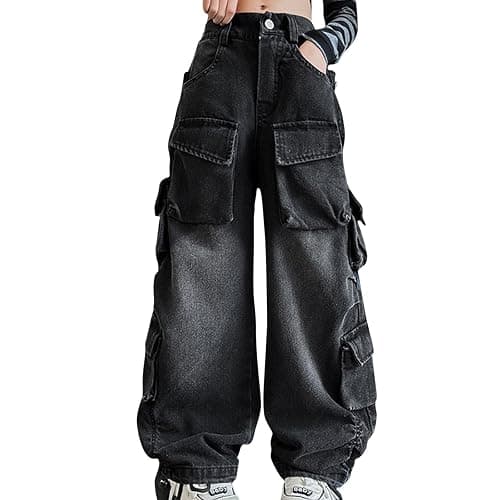 Multi Pockets Cargo Jeans for Teen Girls Trendy Denim Baggy Loose High Waist Wide Leg Long Pants Kids Stretchy Elastic Rue 21 Jeans for Teen Girls Girl Jean Shorts 12-14 thumbnail 3