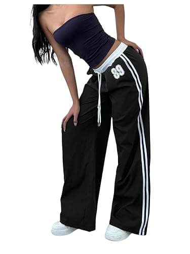 WDIRARA Women's Wide Leg Baggy Sweatpants Side Striped Number Graphic Track Pants with Pockets - Image 1