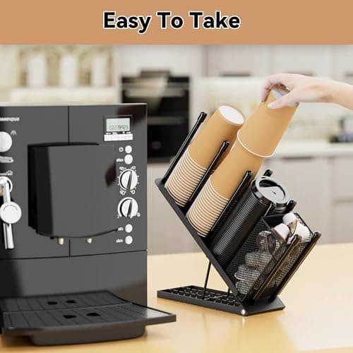 OVICAR Cup and Lid Holder - Adjustable Coffee Cup Holder Organizer 4 Compartment Disposable Cup Dispenser with Coffee Pod Straw Storage Basket for Coffee Station Bar Countertop Breakroom Metal Black thumbnail 6