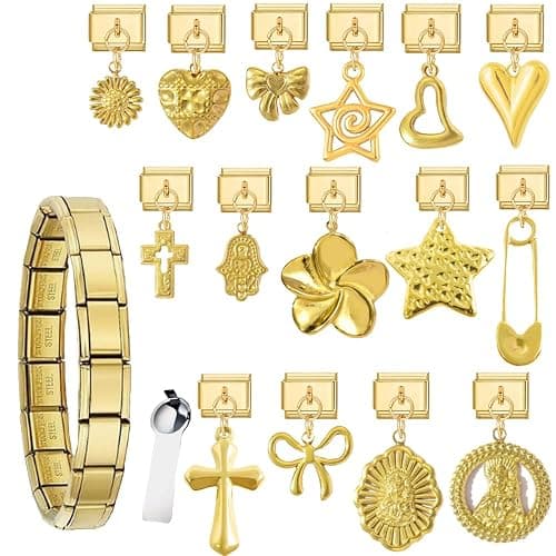 LCSDDWAS Gold Italian Charm Bracelet Set For Women Diy Handmade With Starter Brascelet, Assorted Charms And Opening Tools, 9mm Modular Italian Bracelet Links Jewelry - Image 1