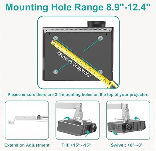 WALI Projector Mount Ceiling/Wall - Universal 3-in-1 Bracket with Extension Pole, Height Adjustable Holder for LCD/DLP Projectors, Supports up to 44lbs, White (PM-003-W) thumbnail 2