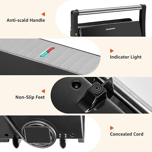 Panini Press Grill, Aigostar 1000W Sandwich Maker with Ceramic Non-stick Plates, Opens 180 Degrees for Any Size Food, 3-in-1 Sandwich Press Electric Grill, Drip Spout & Locking Lid, Sliver thumbnail 7