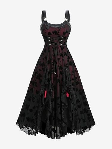 DRESSFO Gothic Punk Victorian Floral Silver Flocking Lace Up Panel Ruffles Midi Vinatge Goth Dress thumbnail 2