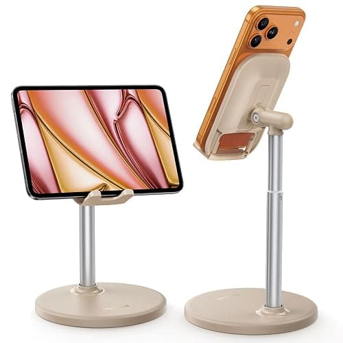 Lamicall Khaki Phone Stand Holder for Desk, Beige Office Desk Accessories | Boho Home Room Office Table Decor Supplies, Adjustable Desktop Cellphone Stand, Gifts for iPhone iPad Tablet Switch, 4-10" - Image 1