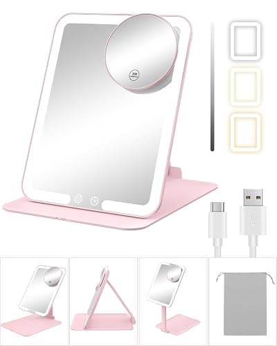 Gospire Travel Makeup Mirror with Lights and Magnification 10X, Portable Make Up Compact Tabletop Mirror with Adjustable Stand, 3 Colored Lights Rechargeable Lighted LED Vanity Mirror - Pink - Image 1