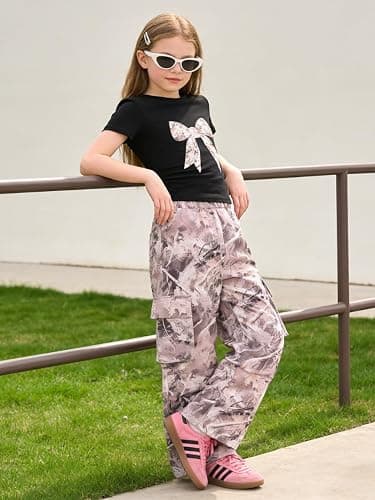 Azmxynol Tween Girls Clothes 2 Piece Outfit Bow T-Shirt Top + Cargo Pants Teen Girl Clothing Set, Sizes 7-16 Years thumbnail 4