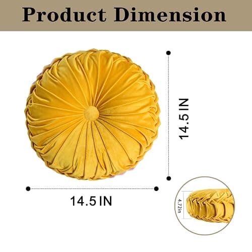 HIG Set of 2 Yellow Ruched Velvet Round Throw Pillows – 14.5’’ Decorative Pillows with Soft Polyester Filling for Couch, Bed, Living Room, Bedroom, or Dorm – Handmade, Stress Relieving, All-Season thumbnail 3