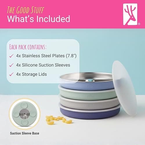 Elk and Friends Kids/Toddler 7.8" Stainless Steel Divided Plate + Lid | 4pk | Suitable for Babies | Silicone Suction Sleeves | Lids Included | Dishwasher Safe | Baby Weaning Supplies thumbnail 8
