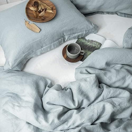 Simple&Opulence 100% Linen Duvet Cover Set 3pcs Basic Style Natural French Washed Flax Solid Color Soft Breathable Farmhouse Bedding with Button Closure - Dusty Blue, Queen - Queen - Dusty Blue thumbnail 9