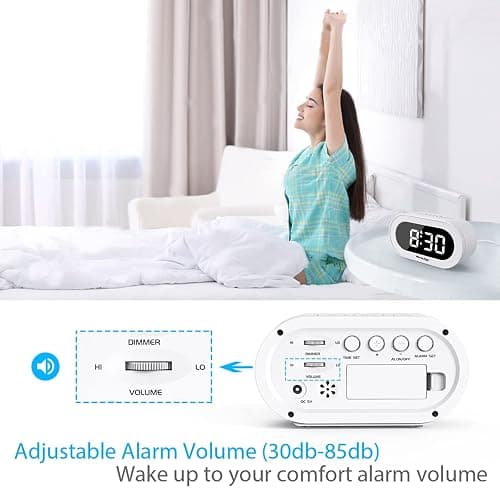 REACHER Small LED Digital Alarm Clock with Snooze, Simple to Operate, Full Range Brightness Dimmer, Adjustable Alarm Volume, Outlet Powered Compact Clock for Bedrooms, Bedside, Desk, Shelf(White) thumbnail 6