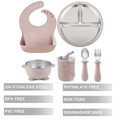 PandaEar 6-in-1 Stainless Steel Baby Feeding Set | Divided Baby Plates with Suction, Toddler Bowl, Sippy Cup with Straw, Baby Bib, Spoon & Fork | BPA-Free Toddler Weaning Set thumbnail 4