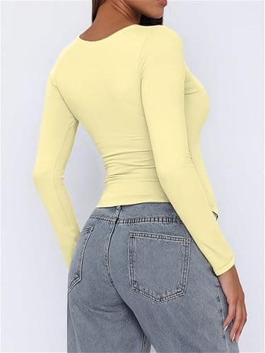ForeFair Women Square Neck Long Sleeve Going Out Tops Tight Double Lined Basic Tees Shirt thumbnail 3