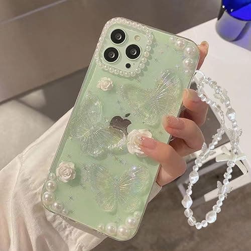 Changjia for iPhone 17 Clear Glitter Case, Cute Girly 3D Butterfly Floral Flowers Crystal Pearl Bling Sparkle Shiny with Wrist Strap Soft TPU Aesthetic Women Girls Phone Case for iPhone 17 6.3", Clear thumbnail 3