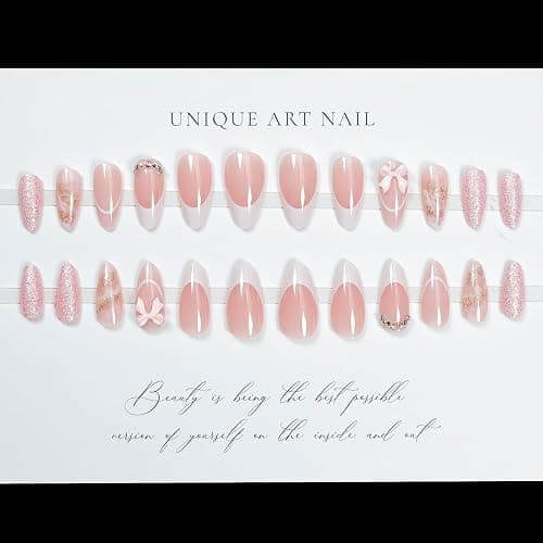 LPOODDNU Almond French Tip Press on Nails - Medium Pink Fake Nails with 3D Bow Diamond Glitter Designs, Glossy Finished Reusable False Nails with Glue Tabs - 24Pcs Nail Kit for Women Manicure thumbnail 3
