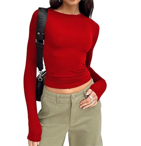 Cioatin Women’s Long Sleeve Round Neck Crop Top Tee Shirt Basic Solid Y2K Tight Slim Fit Cropped Shirt Workout Yoga - Image 1