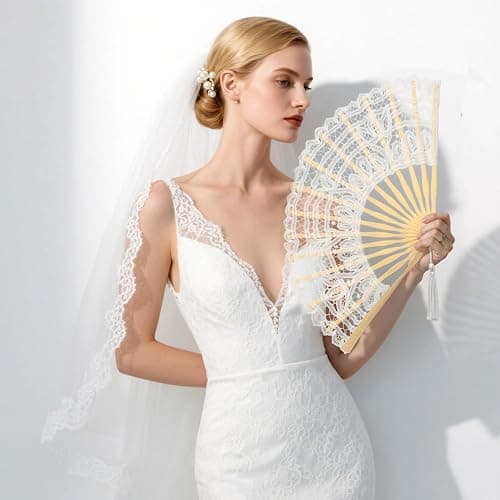 BABEYOND Cotton Lace Folding Handheld Fan Embroidered Bridal Hand Fan with Bamboo Staves for Wedding Decoration Dancing Party thumbnail 2