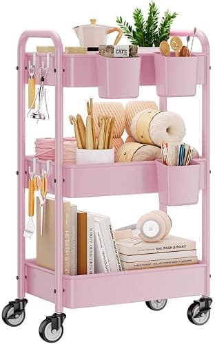 YASONIC 3-Tier Metal Rolling Cart, Heavy Duty Utility Cart with Lockable Wheels, Hanging Cups, Hooks, Mesh Rolling Storage Cart Craft Organizer, Lightweight and Sturdy, Pink - Image 1