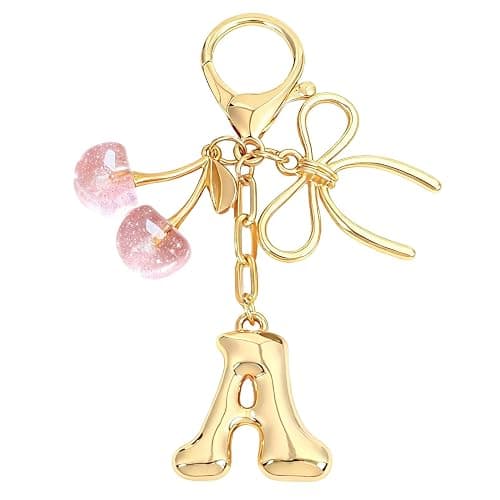 Snycler Bubble Initial Keychain with Bow & Cherry - Gold Letter Bag Charms for Women, Cute Purse Handbag Accessories - Image 1