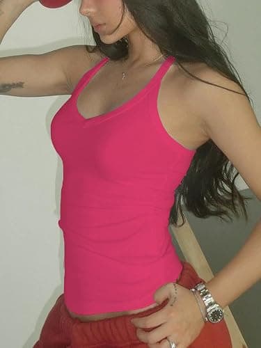 Danysu V Neck Cotton Tank Tops with Built-in Shelf Bra Sleeveless Racerback Fitted Basic Cami Shirts thumbnail 3