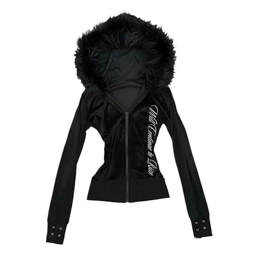 GGOOB Women's Y2k Faux Fur Hood Zip Up Hoodie Teen Girls Cute Winter Crop Coats Y2k Emo 2000s Fitted Hem Hoodies - Image 1
