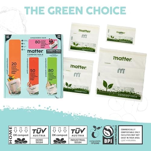 Matter Compostable Assorted Kitchen Bags, 230 Count, Biodegradable, Eco-Friendly Resealable Food Storage Variety Pack, 80 Snack, 80 Sandwich, 50 Quart & 20 Gallon thumbnail 6