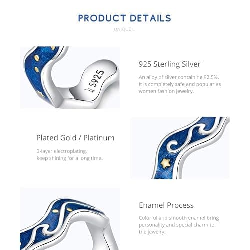 Starry Sky Moon Star Open Statement Ring S925 Sterling Silver Blue Universe Waves Stacking Engagement Wedding Rings Finger Band for Women thumbnail 5