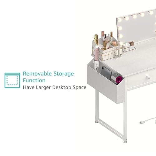 KAI-ROAD White Makeup Vanity Desk No Mirror with Chair, Small Vanity Table Set with Fabric Drawers, Power Outlet & Chair Without Mirror, Modern Make Up Desk for Girls Bedroom thumbnail 9