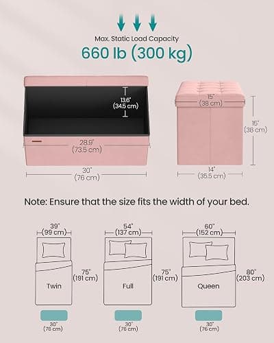 SONGMICS Mazie Collection - 30 Inches Storage Ottoman, Foldable Storage Bench with Flipping Lid, 660 lb Load Capacity, for Entryway, Living Room, Bedroom, Velvet Fabric, Jelly Pink ULSF048SA03 thumbnail 2