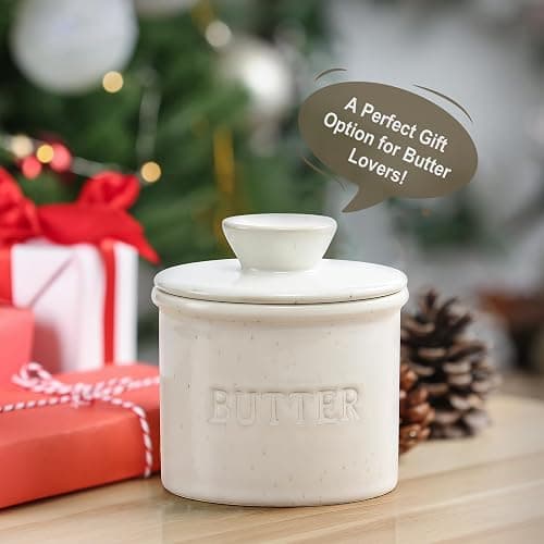 Butter Crock with Lid for Countertop - Ceramic French Butter Dish for Spreadable Soft Butter, Butter Container Holder with a Water Seal, Housewarming Gift, Kitchen and Home Decor, Speckled White thumbnail 6