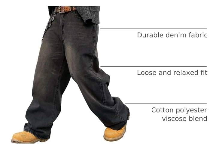 DFGIGT Men's Baggy Hip Hop Jeans Wide Leg Skater Denim Pants Casual Loose Fit Long Trousers Streetwear thumbnail 4