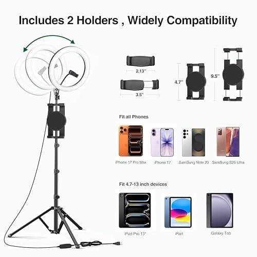 Elitehood 12’’ Ring Light with Tripod Stand (72’’ Tall) & iPad/Phone Holder, Dimmable Selfie Circle LED Lights Ringlight for Video Recording, Conference, Makeup, Laptop, Computer, Webcam, YouTube thumbnail 2