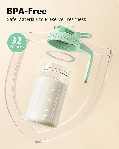 32oz Mason Jar Pitcher, Glass Breast Milk Pitcher with Lid | BPA Free, Airtight, Leak proof, Wide mouth, Pour Spout Lid, Fridge/ Dishwasher safe, Ergonomic handle, Formula container thumbnail 3