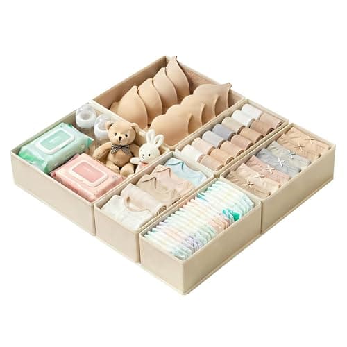 ALFSPEJO Drawer Organizer Set 6 Pack - Foldable Fabric Storage Bins with Zipper Bottom for Underwear Socks Bras Baby Clothes - Closet Dresser Organizers Dividers for Bedroom Nursery, Beige - Image 1