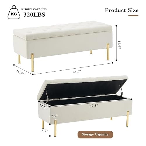 Ottoman with Storage Bech, Foot Rest Stool, 45.6 Inch Velvet Upholstered Storage Bench Tufted Settee, Folding Pouf Accent Ottoman, End of Bed Bench with Soft for Living Room Entryway Bedroom, White thumbnail 2