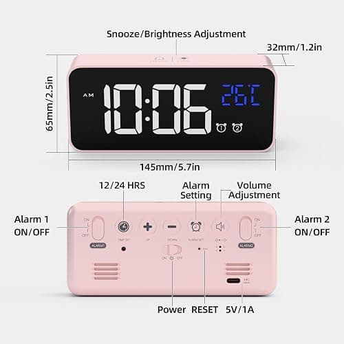 LATEC Digital Alarm Clock with Big LED Temperature Display, Bedside Clock with 13 Alarm Sounds USB Charging Port 4 Levels Adjustable Brightness Dimmer Snooze Portable Mirror Alarm with Dual Alarm Pink thumbnail 2