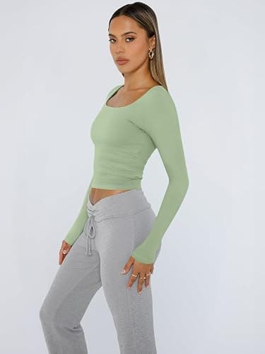 Trendy Queen Womens Long Sleeve Shirts Crop Tops Fall Fashion 2025 Square Neck Going Out Basics Tees Y2k Clothes thumbnail 4
