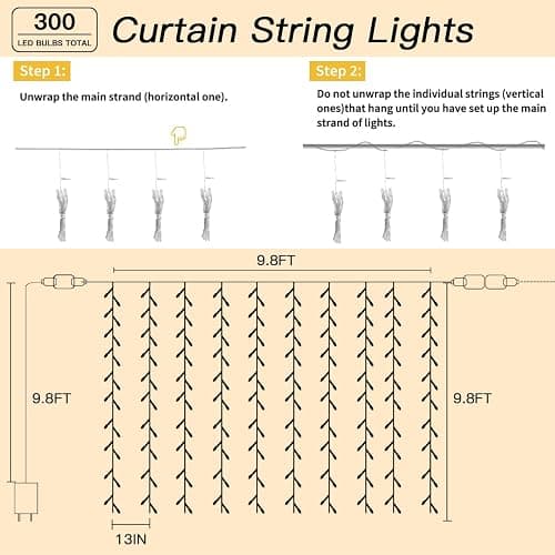 Soagrc 300 LED Warm White Curtain String Lights 9.8x9.8FT, Plug in Fairy Lights with 9 Hooks, Dimmable, Timer & 8 Modes, IP44 Waterproof, Bedroom Wall Wedding Backdrop Christmas Indoor Outdoor Decor thumbnail 6