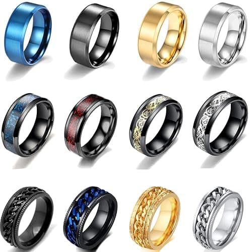 MOZAKA 12Pcs 8mm Stainless Steel Fidget Band Chain Spinner Rings for Men Women Dragon Pattern Polished Wedding Cool Release Anxiety Ring Set Size 7-11 - Image 1