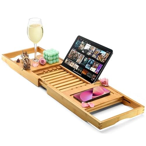 Luxury Foldable Bathtub Tray Caddy - Waterproof Wooden Bath Organizer for Wine, Book, Soap, Phone - Expandable Size Fits Most Tubs - Image 1