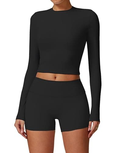 QBGJTD Womens Workout Sets Two Piece Long Sleeve Top Matching High Waist Shorts Sets Fall Winter Gym Work Out Clothes - Image 1