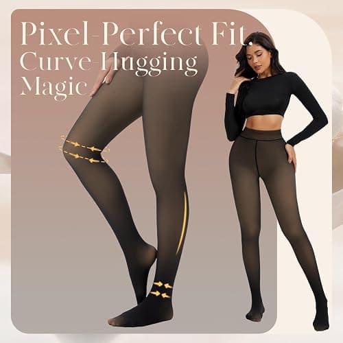 Spring Water Fleece Lined Tights Leggings Women, Black Tights Thermal Warm One Lined Design Sheer Skintone for Winter thumbnail 5