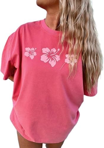 Women's Oversized Hawaiian Graphic T Shirt Retro Tropical Floral Short Sleeve Tee Casual Summer Beach Vacation Tops - Image 1