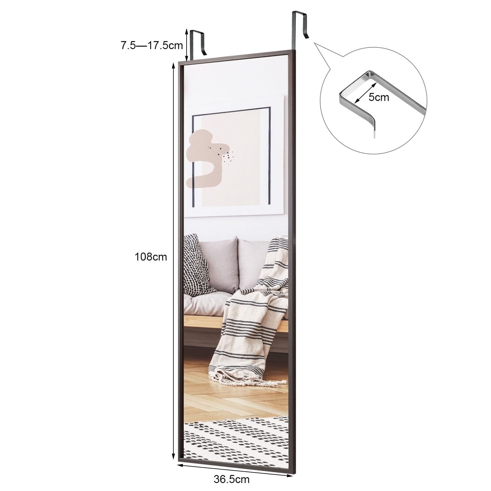 Giantex Full Length Mirror for Wall, Iron Thin Frame, Over The Door Mirror with 2 Sets of Height Adjusting Hanging Hooks for Bedroom, Bathroom, Dorm, Entryway, Easy Assembly, Coffee thumbnail 7