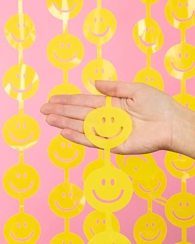 xo, Fetti Happy Face Foil Curtain- Set of 2 | Smiley Decorations, Fun Birthday Photo Booth Props, 90s Party, Pastel Yellow Party Favors, Groovy Backdrop, Y2K thumbnail 6