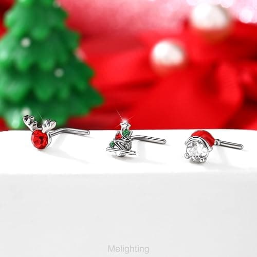 MeIighting 3PCS 20G Christmas Nose Studs L-shaped, 7mm Santa Claus Tree Reindeer Nostril Piercing Jewelry, Stainless Steel 316L Christmas Elements Body Jewellery for Women thumbnail 5
