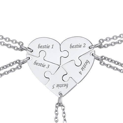 FindChic Personalized Matching BFF Necklace for 2/3/4/5/6 Puzzle Name Heart Pendant Stainless Steel Couple Necklace Set Customized Necklaces for Teen Girls - d. set of 5 & stainless steel