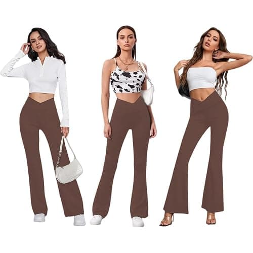 DLOODA Women's Flare Leggings with Pockets-Crossover High Waisted Bootcut Yoga Pants-Tummy Control Bell Bottom Leggings thumbnail 2