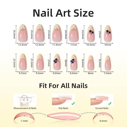 Slayoung Polka Dot Press on Nails Summer Fake Nails Medium Almond Nails Press ons with 3D Blueberry Designs Acrylic Reusable Yellow French Tips False Nails Full Cover Stick on Nails for Women 24 Pcs thumbnail 5